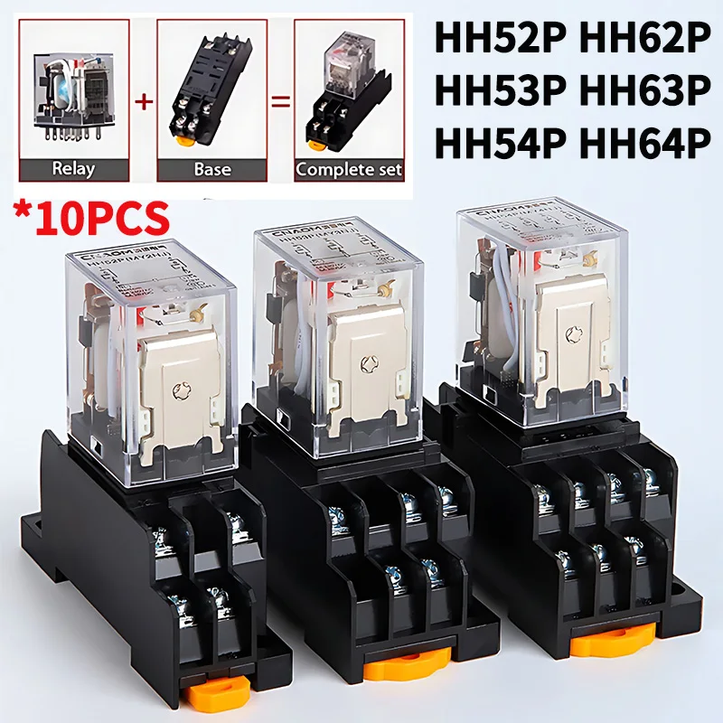 

10PCS Miniature Control Relays AC 12V/DC 24V/AC220V, Intermediate Relay with Socket Base, HH52P HH53P HH54P HH62P HH63P HH64P