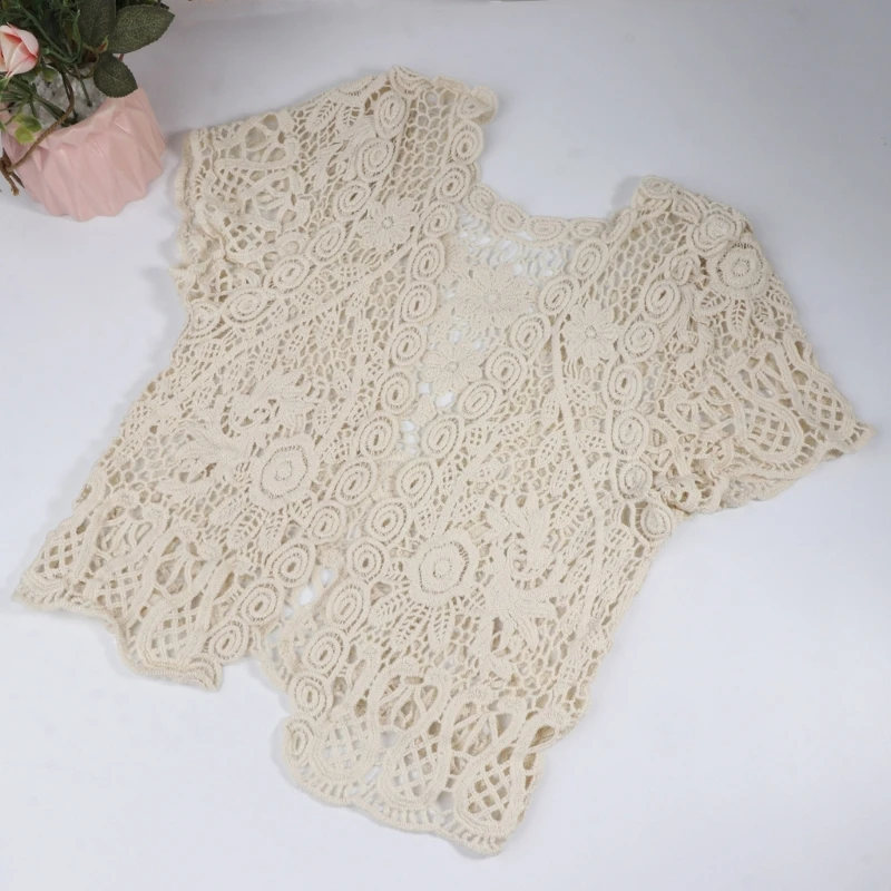 Women Summer Short Sleeve Crochet Shrugs Hollow Out Flower Lace Open Front Cropped Cardigan Sunscreen Scalloped Trim Bolero for