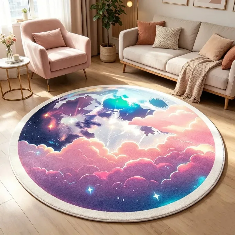 Dreamy Galaxy Cloud Round Area Rug Soft Non‑Slip Floor Carpet Colorful Star Sky Art Mat for Living Room Bedroom Sofa Home Decor