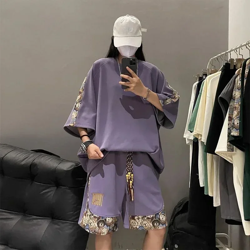 Male T Shirt Short Sets Aesthetic Summer Sports Suits Cotton Spliced Baggy Men\'s Shorts Set Clothes 2024 Trend Korean Two Piece