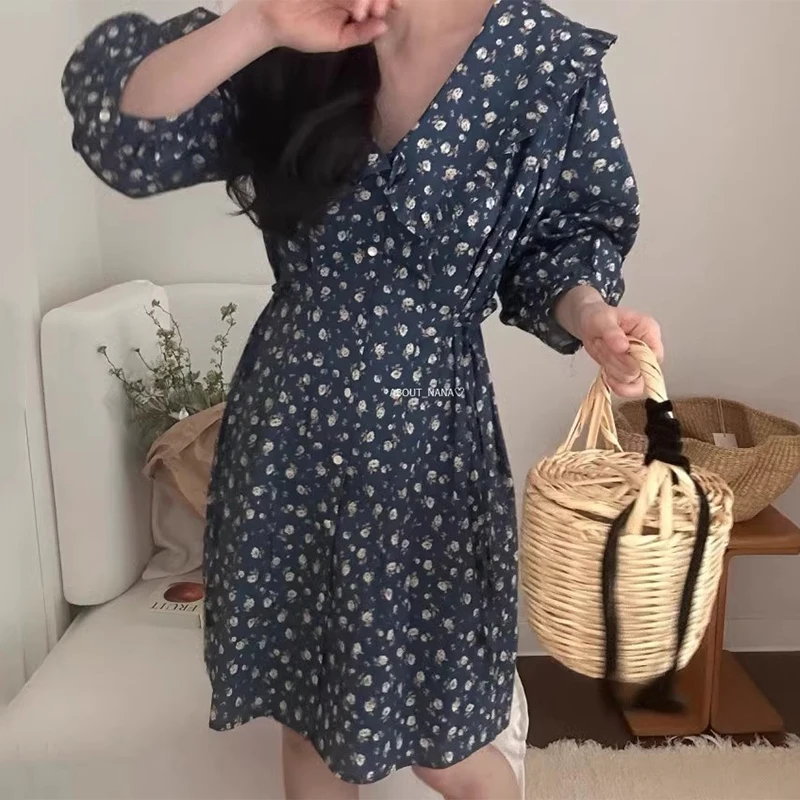 Chic été Vintage Anti-âge col de poupée côté cravate taille minceur bulle Sve imprimé fleuri Dr femmes coréennes Sle haut...