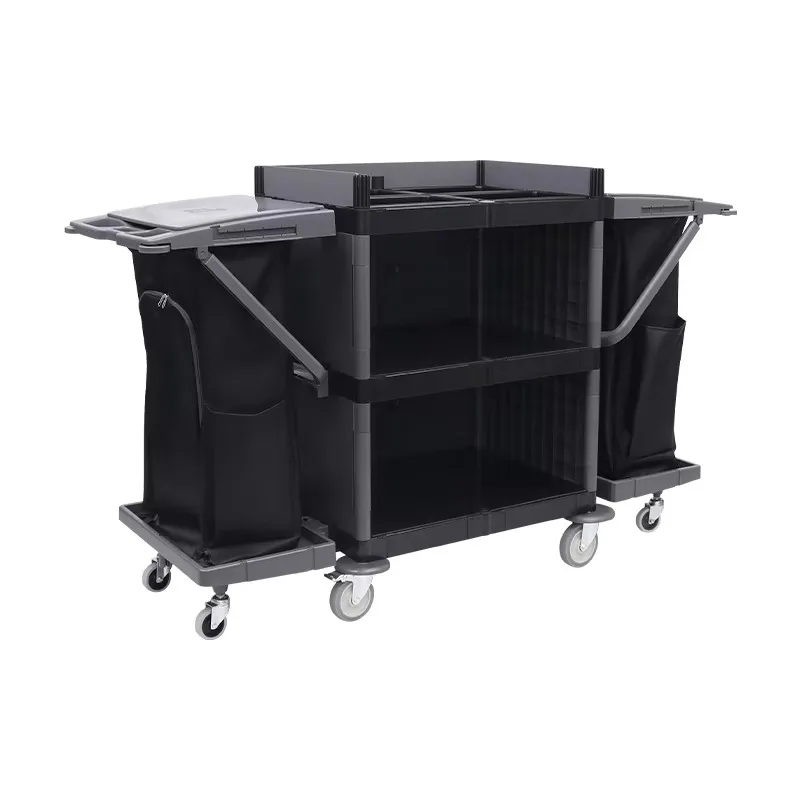 European Standard Plastic Housekeeping Room Service Cart Cleaning Trolley With Double Nylon Rubbish Bag
