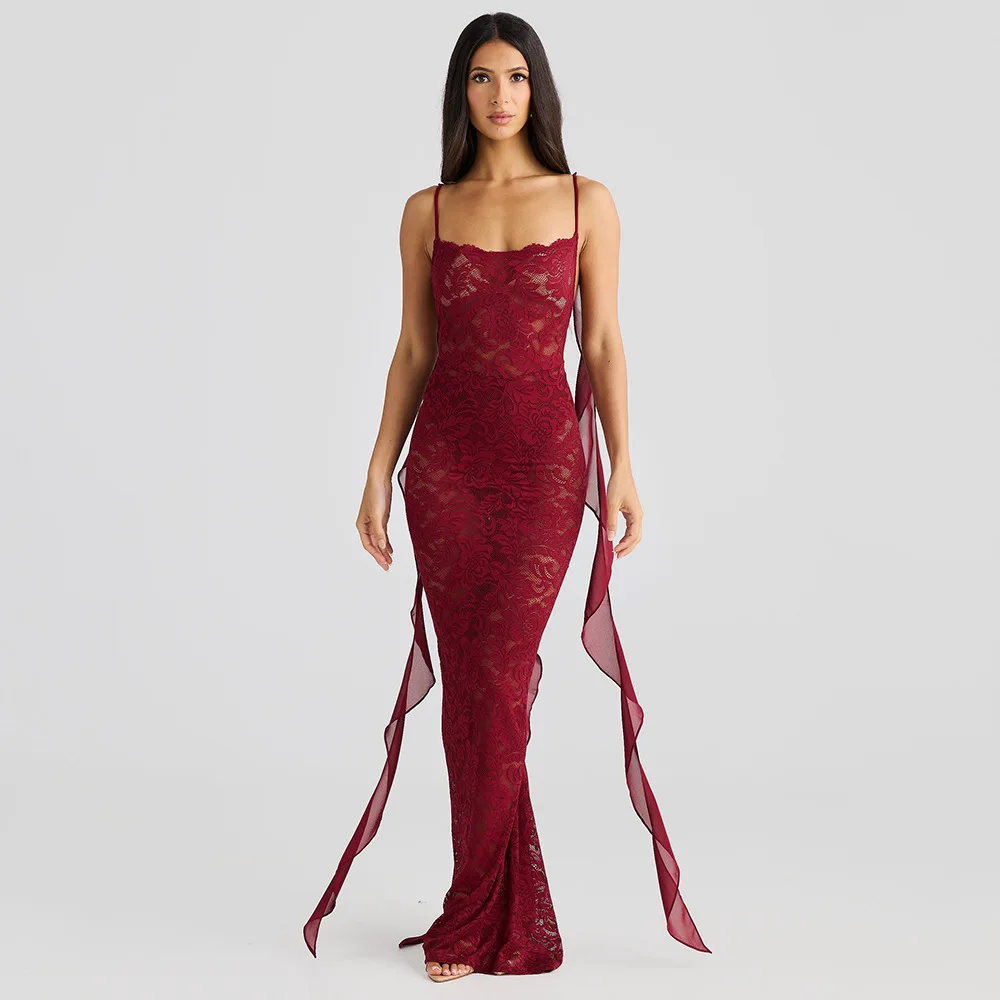 Sexy Lace See tough Long Dr with Sa Bal Strap Design European Sle High Waist Tee Acetate Fiber Skirt FDL34