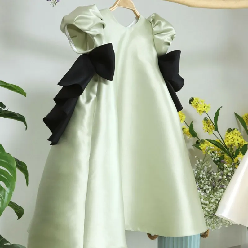 Baby Girl Princess Bow Dress Puff Sleeve Infant Toddler Child Teen Elegant Green Satin Vestido Party Birthday Baby Clothes 1-14Y