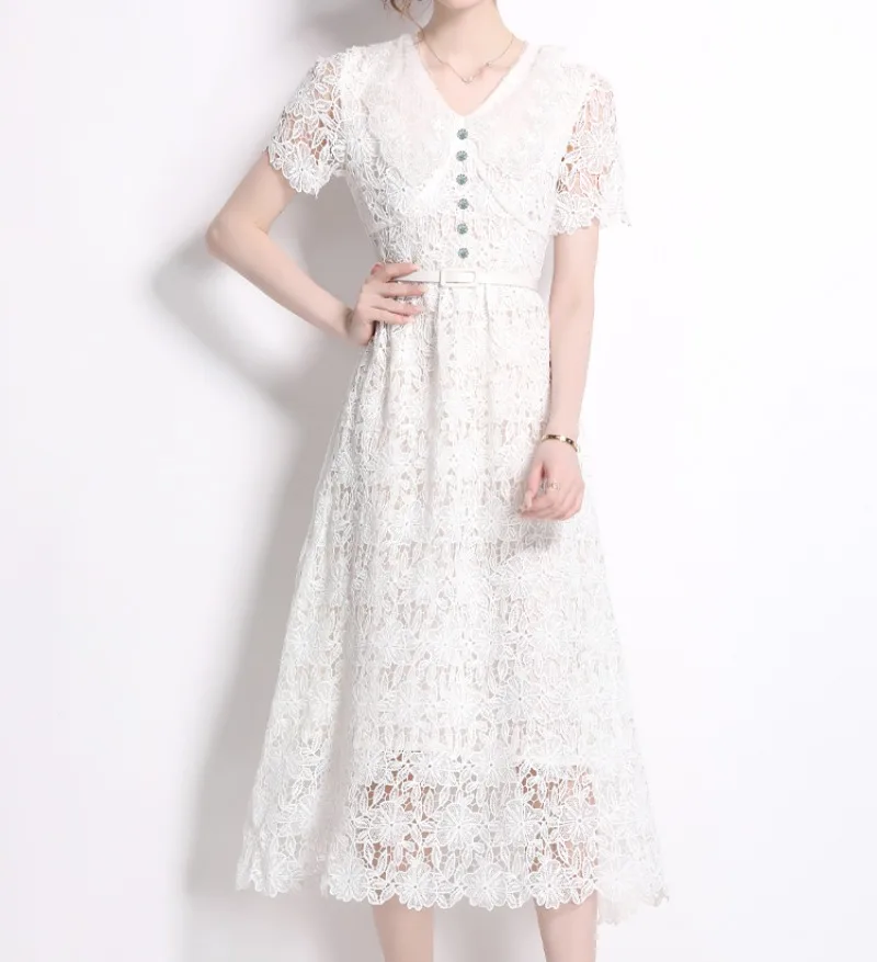 

White Lace Dress for Women Diamonds Buttons V-neck Hollow Out Elegant Vestidos with Sashes Runway Design Holiday Party Clothing