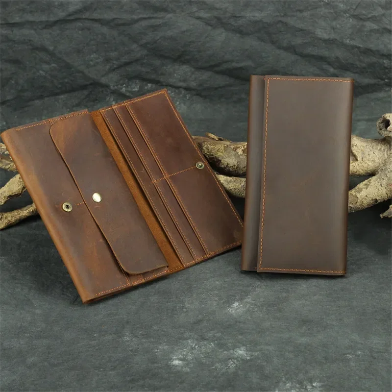 

Vintage Genuine Leather Men's Long Wallet Handmade Men Clutch Wallets Purse Crazy Horse Leather Multifunction Card Holder Wallet