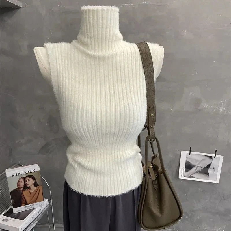 

Turtleneck Sweater Vest Women Sleeveless Slim Fit Vintage Bottoming Pullovers Spring Autumn Imitation Mink Velvet Female Jumpers