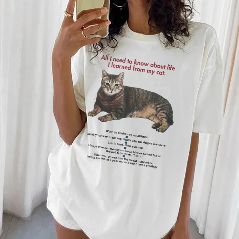 

Funny Vintage Cat Quotes Graphic T-Shirts Female Short Sleeve Cute Mom Tee Shirt Lover Shirt Women Loose Aesthetic Tops