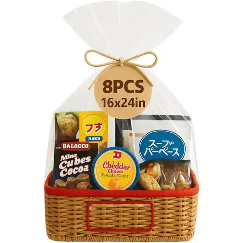 WIKDAY Cellophane Wrap for Gift Baskets 16x24 Ihes 8 PCS Large Clear Gift Wrapping Plastic Bags with Ties for Gift Giving Packa