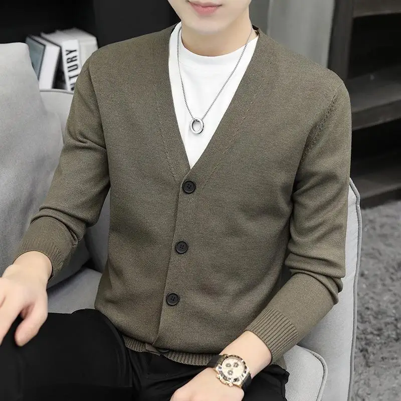 Autumn Winter New Men Sweater Coat V-Neck Solid Single Breasted Korean Fashion Casual Slim Long Sleeve Cardigan Knitted Tops