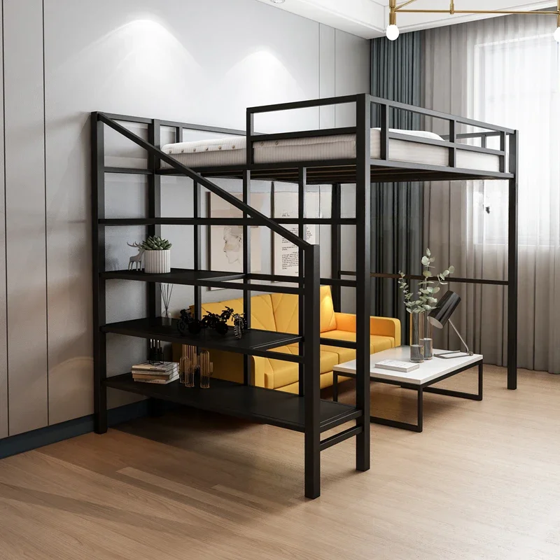 Single upper level elevated Small apartment upper lower bunk simple wrought iron bed lower table loft bed Double iron frame bed