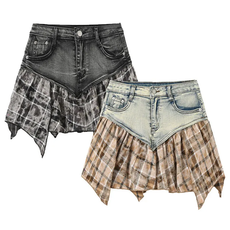 New Sexy Denim Asymmetrical Skirt Plaid Womens Summer Vintage Jeans Skirt High Waist Women Mini With Inner Shorts Skirt Korean