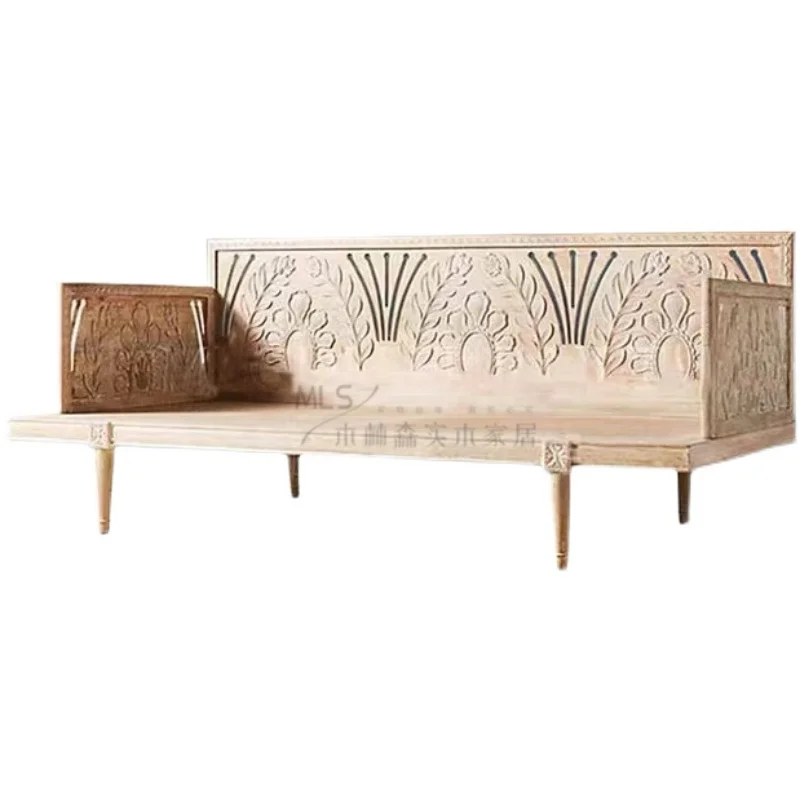 Vintage distressed carved solid wood sofa, French court fabric, light luxury, and simple natural wood