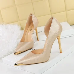 BIGTREE Shoes Women 11 Cm Heels Silks Satins Woman Pumps Metal Pointed Toe High Heels Fashion New Female Pumps Sexy Party Shoes