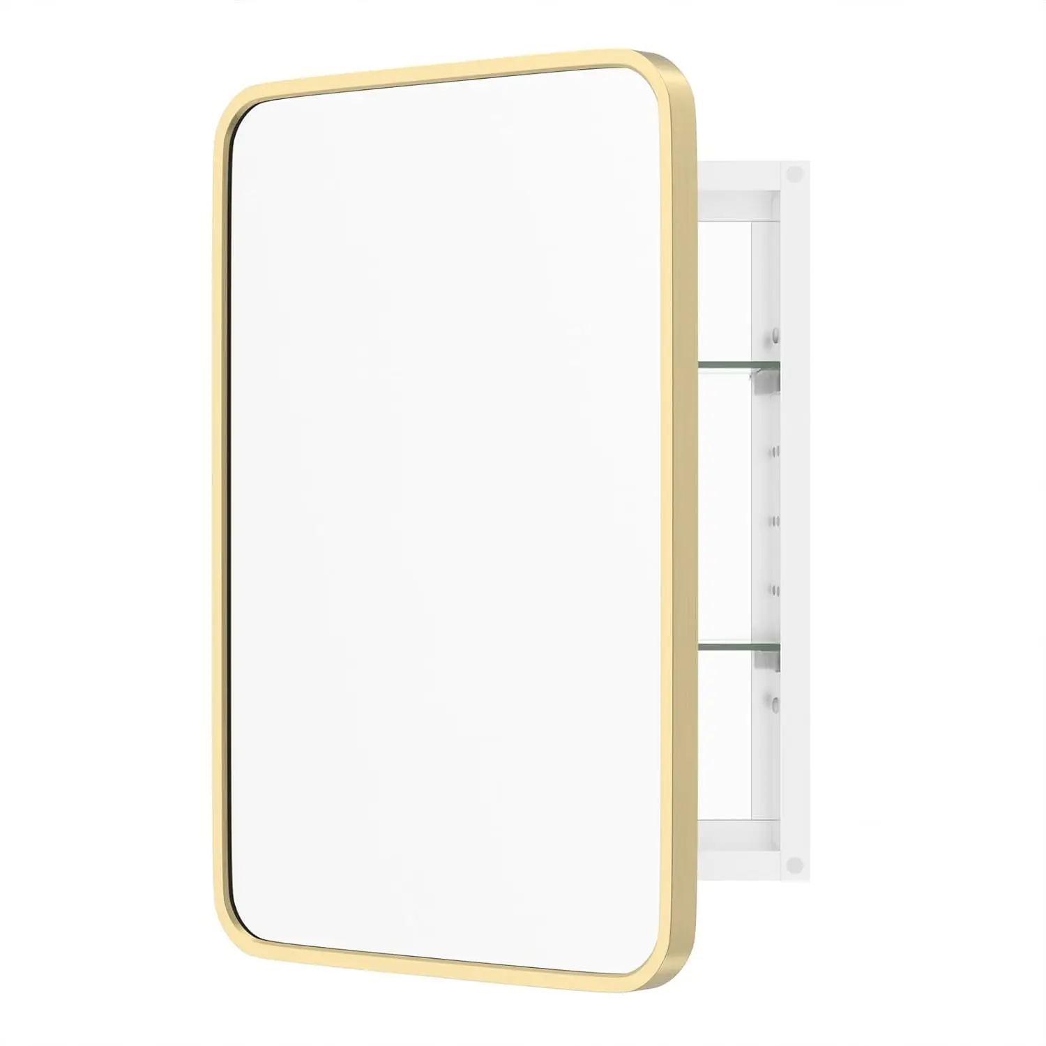 WallByond Bathroom Medicine Cabinet with Mirror 16x24 Inch Gold Recessed Round Corner Aluminum Alloy Metal Framed Single Door