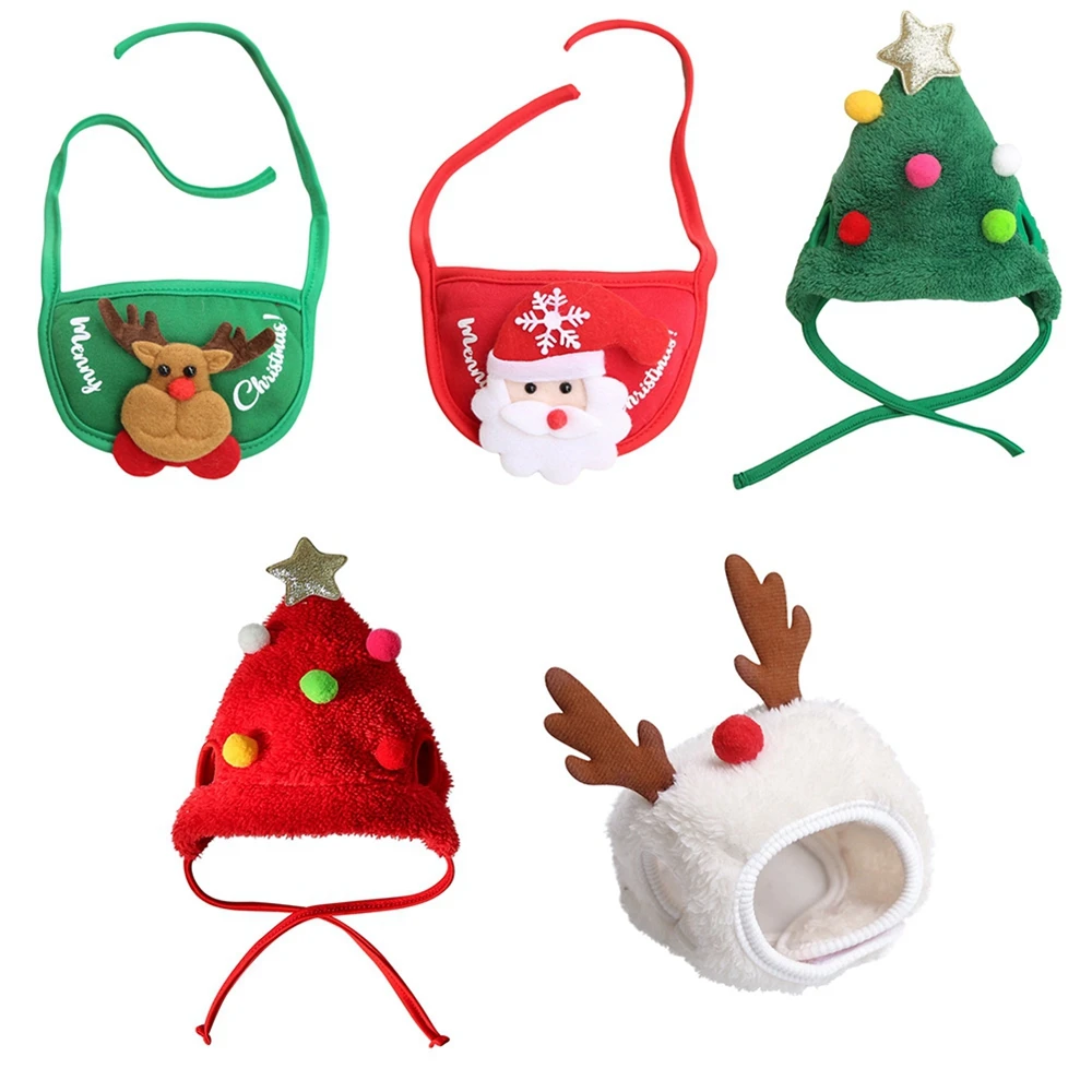 Christmas Puppy Dog Cat Costume Xmas Cat Santa Elk Hat with Bandana Bib Scarf Set Cat Accessories Pet Holiday Dress Up Supplies