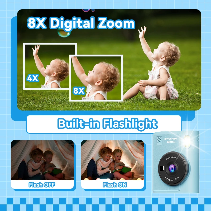 Christmas Gift Kids' Camera 2.4-inch Display 8X Zoom Instant Printing Portable Digital Camera Suitable For Kids Ages 3-12