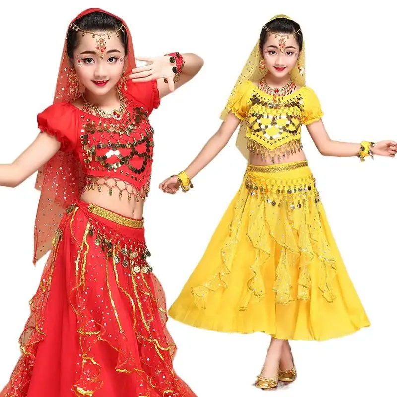 Traje de Danza del Vientre Hindú para Niñas, Conjunto de Top y Falda para Cosplay de Bollywood, Disfraz de Danza Árabe para Carnaval y Fiestas Rave