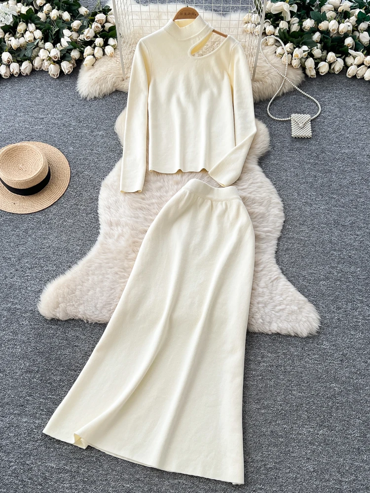 سترة نسائية محبوكة طويلة من Laid-ba Sle وتنورة تنحيف عالية الخصر طقم ملابس خريفية #3