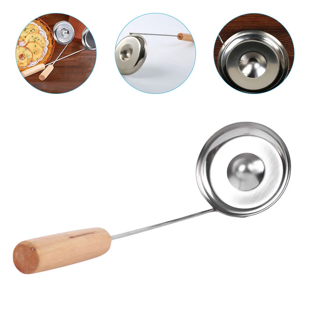 Stainless Steel Frying Spoon with Ergonomic Wooden Handle Heavy Duty Concave Convex Design Non-Stick Oil Spoon for Home Kitchen