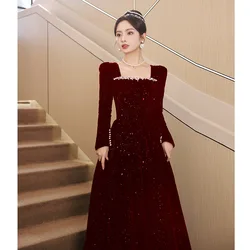 Luxury Burgundy Velvet Evening Dress Elegant Sequin Square Collar Long Sleeve Party Dresses Backless Lace Up Bow Formal Gown