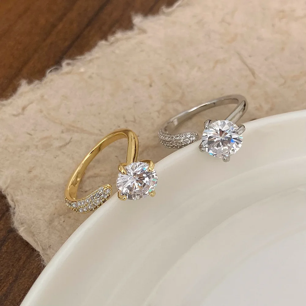 

French Sparkling Zircon Ring for Women High Quality Adjustable Open Engagement Ring Wedding Jewelry Accessories