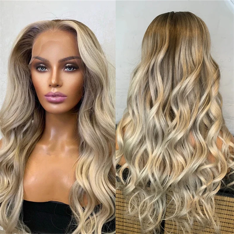 Glueless Wig 13x4 Middle Part Ombre Ash Blonde Highlights Synthetic HD Lace Front Wig with Ash Brown Roots Luxury Women's Wig