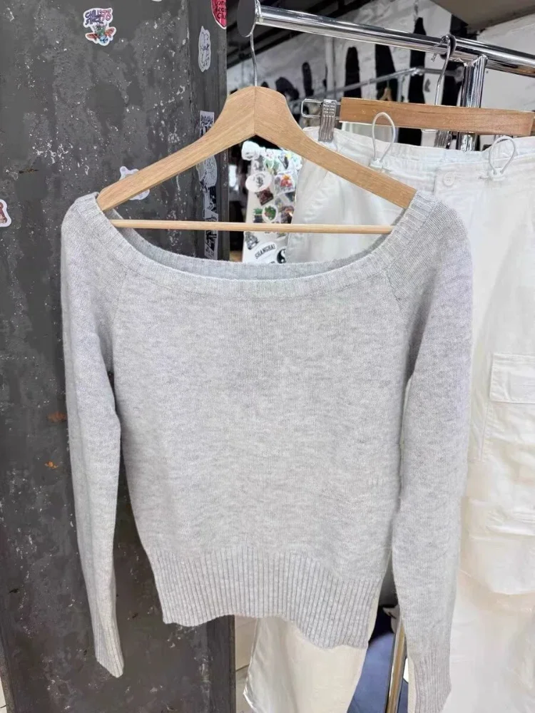 One-shoulder Hottie Knit for Women 2024 Autumn  Gray Trim Top for Female Slant Collar off-the-shoulder Slim Top for Ladies