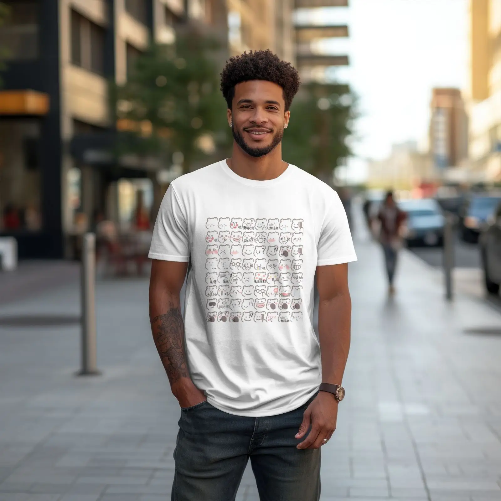 تي شيرت بأكمام قصيرة من مزيج القطن الرموز التعبيرية الصينية مع مطبوعات نقل الحرارة الرائعة - خفيف الوزن وجيد التهوية لعطلة نهاية الأسبوع والارتداء اليومي