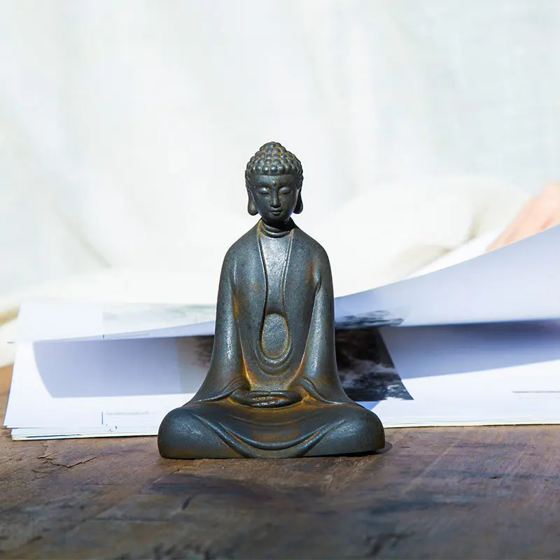 Cast Iron Replica Buddha Shakyamuni Statue - Decorative Small Item Tabletop Decoration Book Decoration