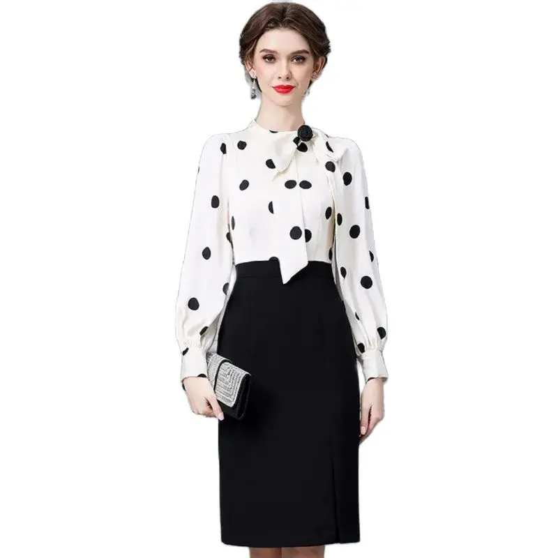 Office lady chic hip wrap dresses polka dots patchwork fake two piece lantern sleeve dress 2024 new fashion