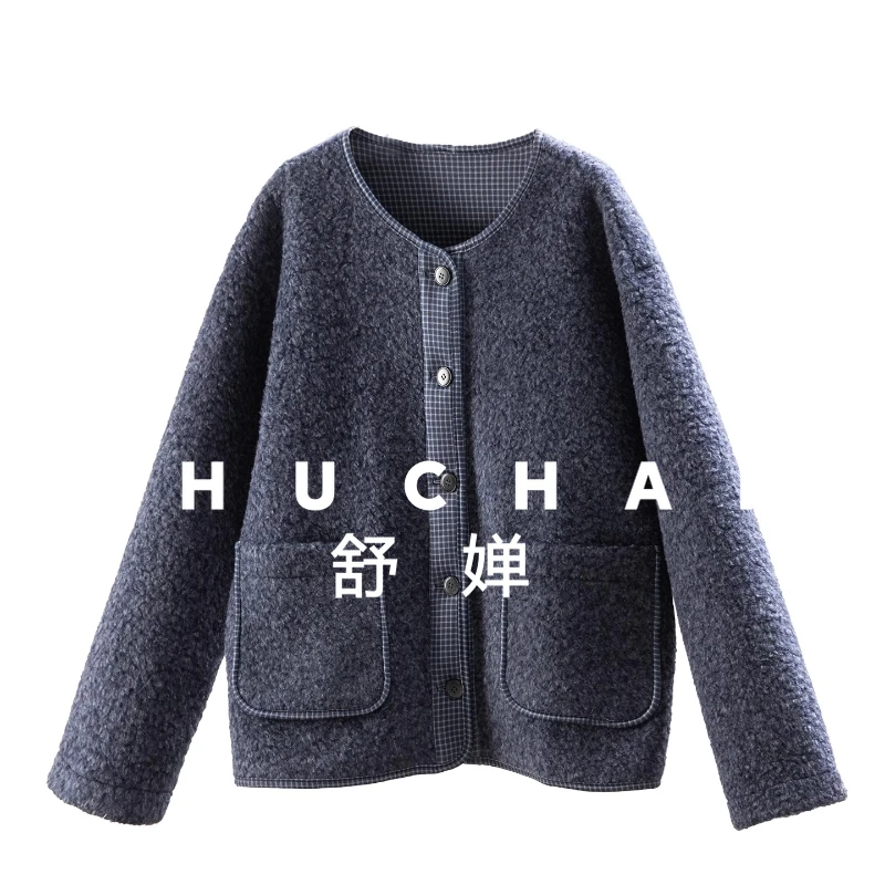 

Ленивое теплое флисовое клетчатое двустороннее пальто из овечьей шерсти с круглым вырезом, женские куртки 22I7