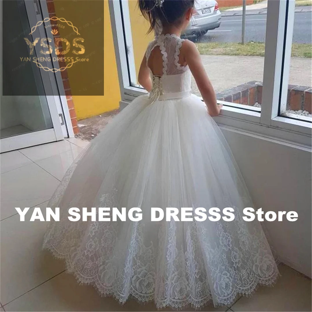 

Elegant Flower Girl Dress Princess Ball First Communion Dresses Sleeveless Tulle Lace Printing Bare Back Kids Birthday Gift