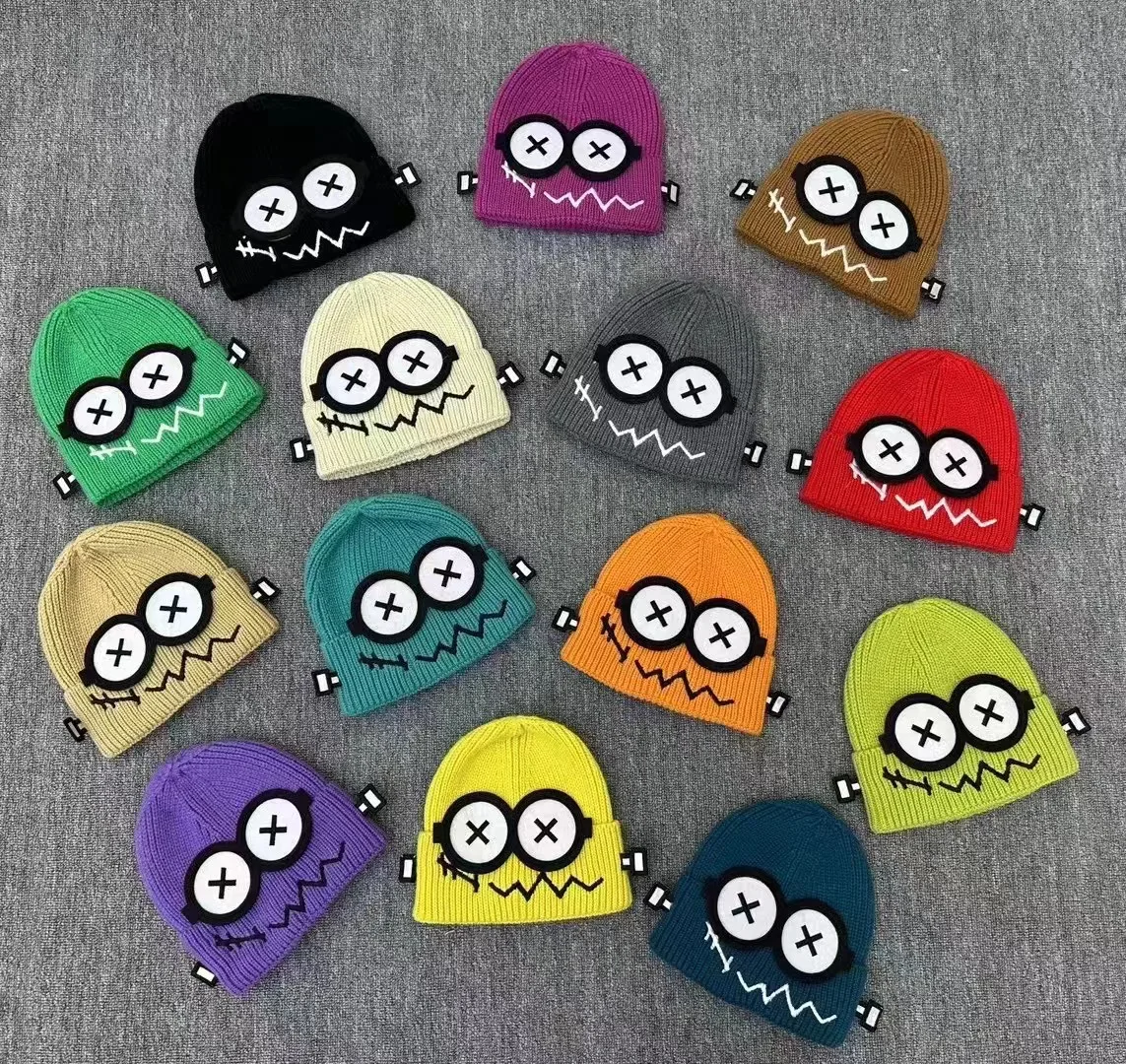 Kpop Cute Cartoon Cuff Beanie Cap Women\'s Candy Color Big Eyes Smile Skullies Hat Fashion Streetwear Student Warm Winter Knitted