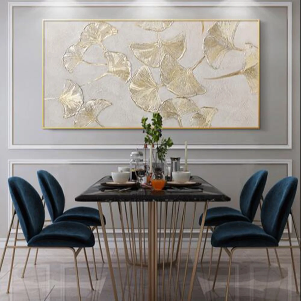 Handmade Oil Painting Original Ginkgo biloba oil Painting Textured Gold Foil Wall Art Custom Abstract Gold Leaves Painting