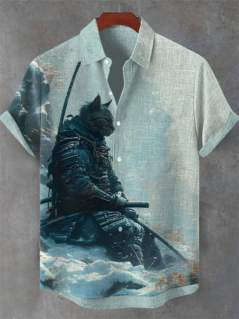 New Men's Linen Short Sleeved Shirt Style with Comfortable Fabric and 3D Artistic Octopus Print Ocean Pattern Top