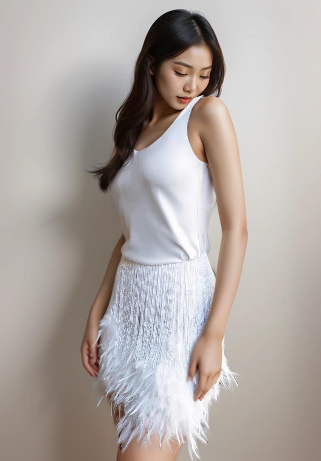 New Fashion Sexy Sleeveless Fringe Feather Solid Color Slim Fit Shirt+Skirt For Women,3 Colors