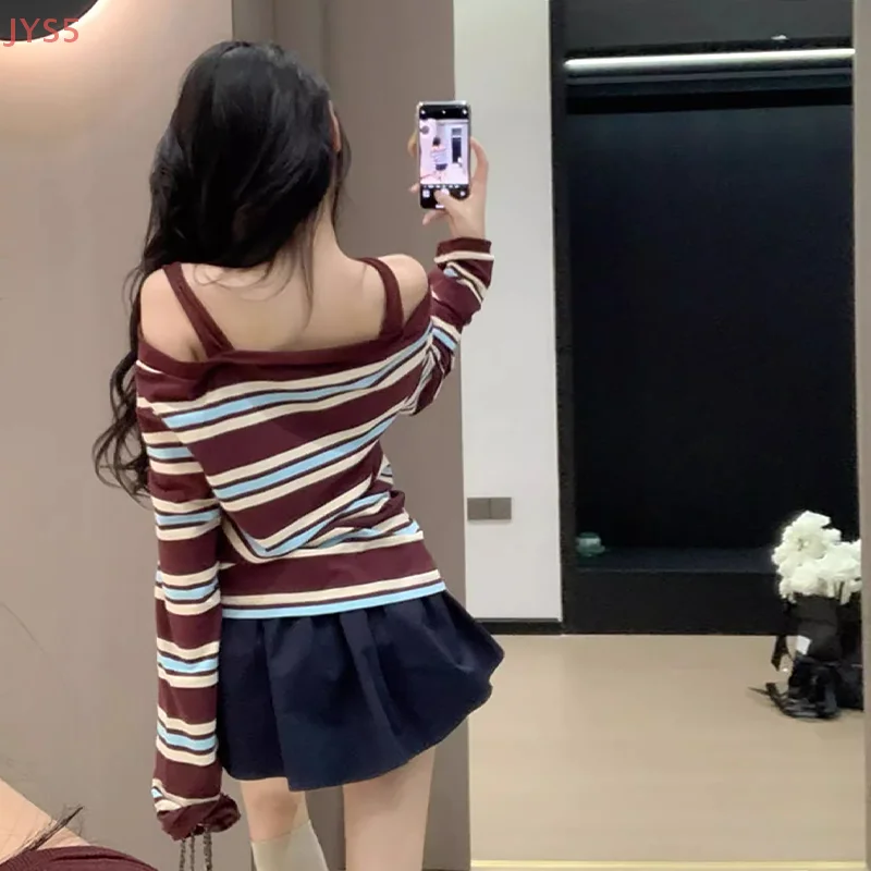 【JYS5】Camiseta informal holgada de manga larga con hombros descubiertos a rayas Retro de otoño para mujer Top elegante