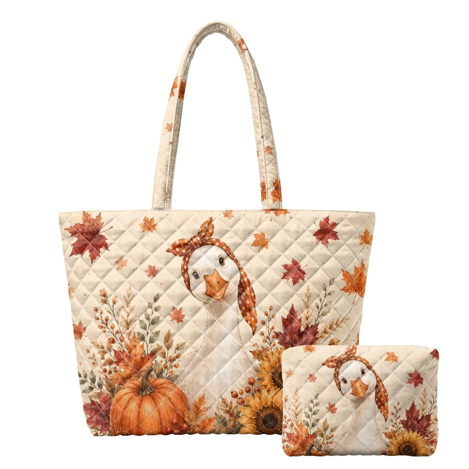 Coloranimal Autumn Duck 2Pcs Quilted Tote Bag with Matching Cosmetic Pouch, Large Lightweight Bag for Excursions Party 2026 New