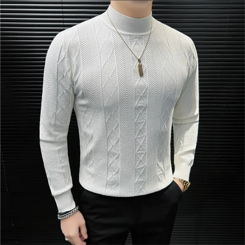 

High Quality Autumn Winter Men's Mock Neck Knitted Sweater Fashion Slim Fit Pullovers Men Geometric Solid Color Knit Pullovers