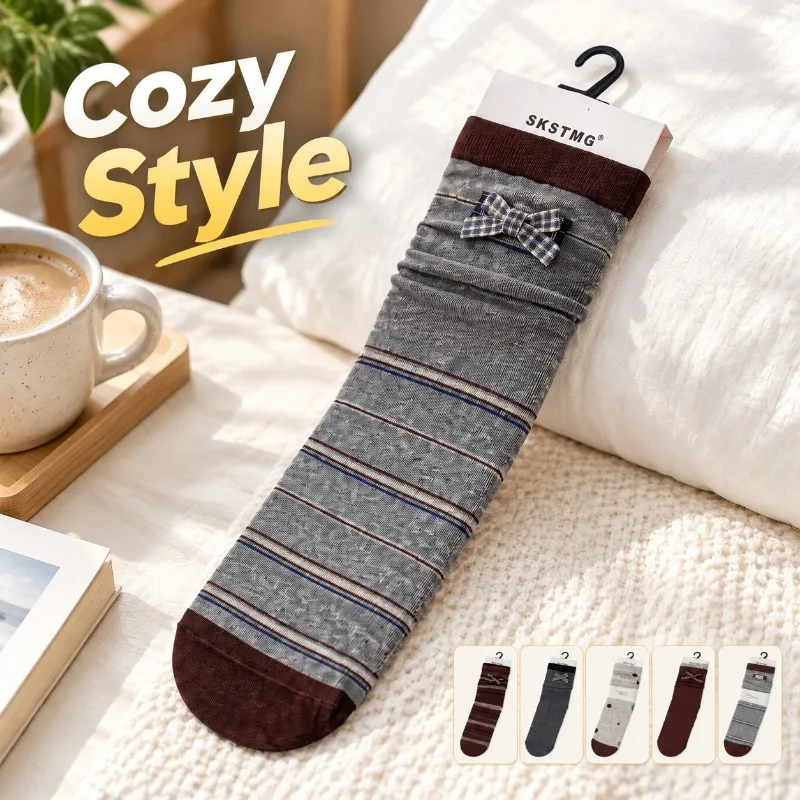 Women Mid Calf Socks Autumn Winter Ins Korean Style Bow Gray Coffee Striped Slouch Socks Versatile Long Hosiery for Ladies Daily