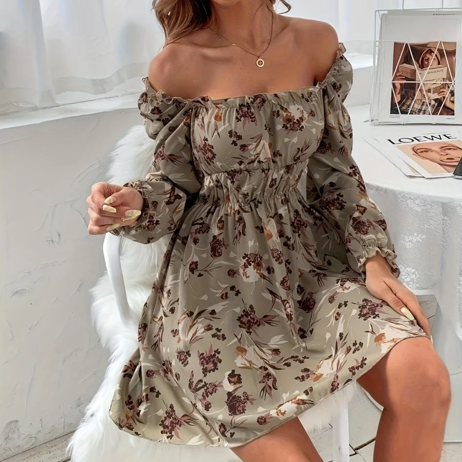 فستان صيفي بطباعة زهور وياقة مربعة مكشوفة الكتفين بتصميم A-Line للنساء، أزياء عابرة للحدود
