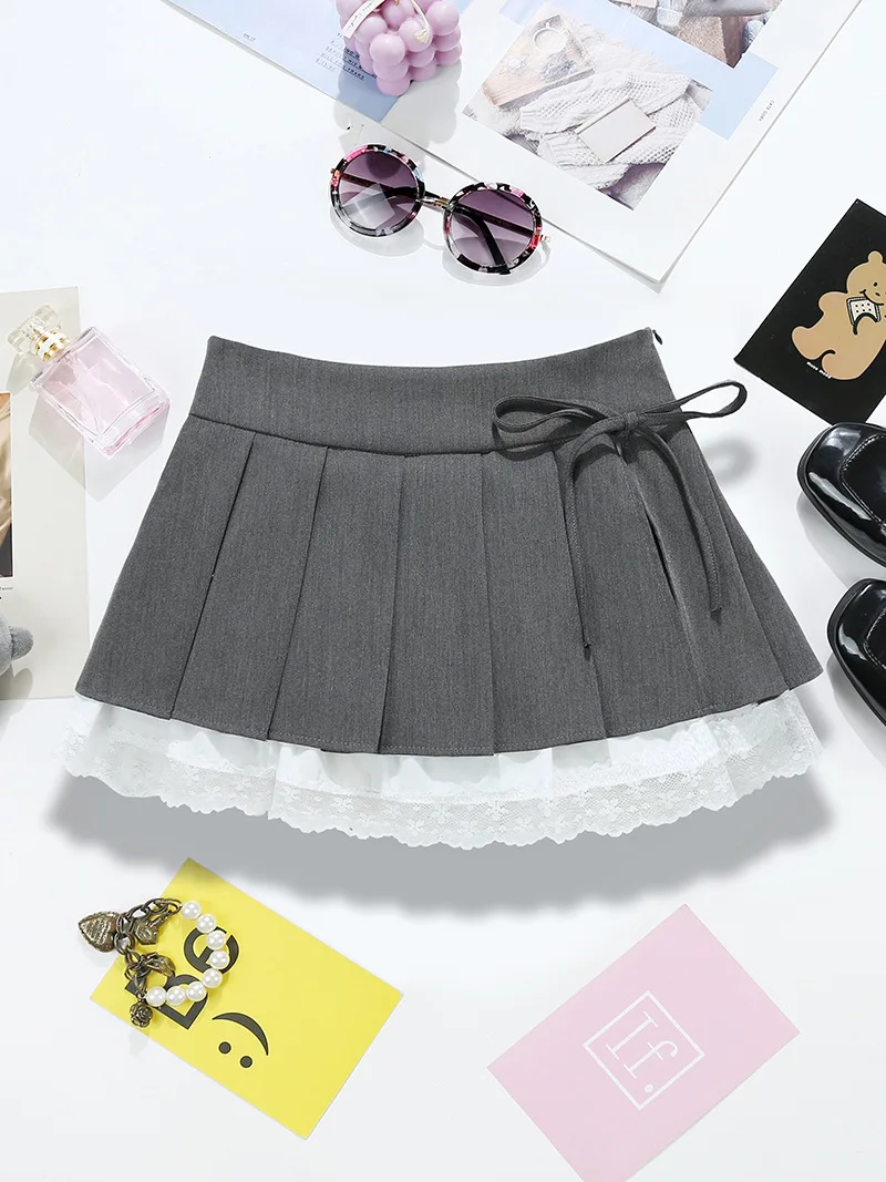 2026 Nieuwe Boog Grijze Rok Hoge Taille Kant Splicing Split Een Woord Plooirok Dames