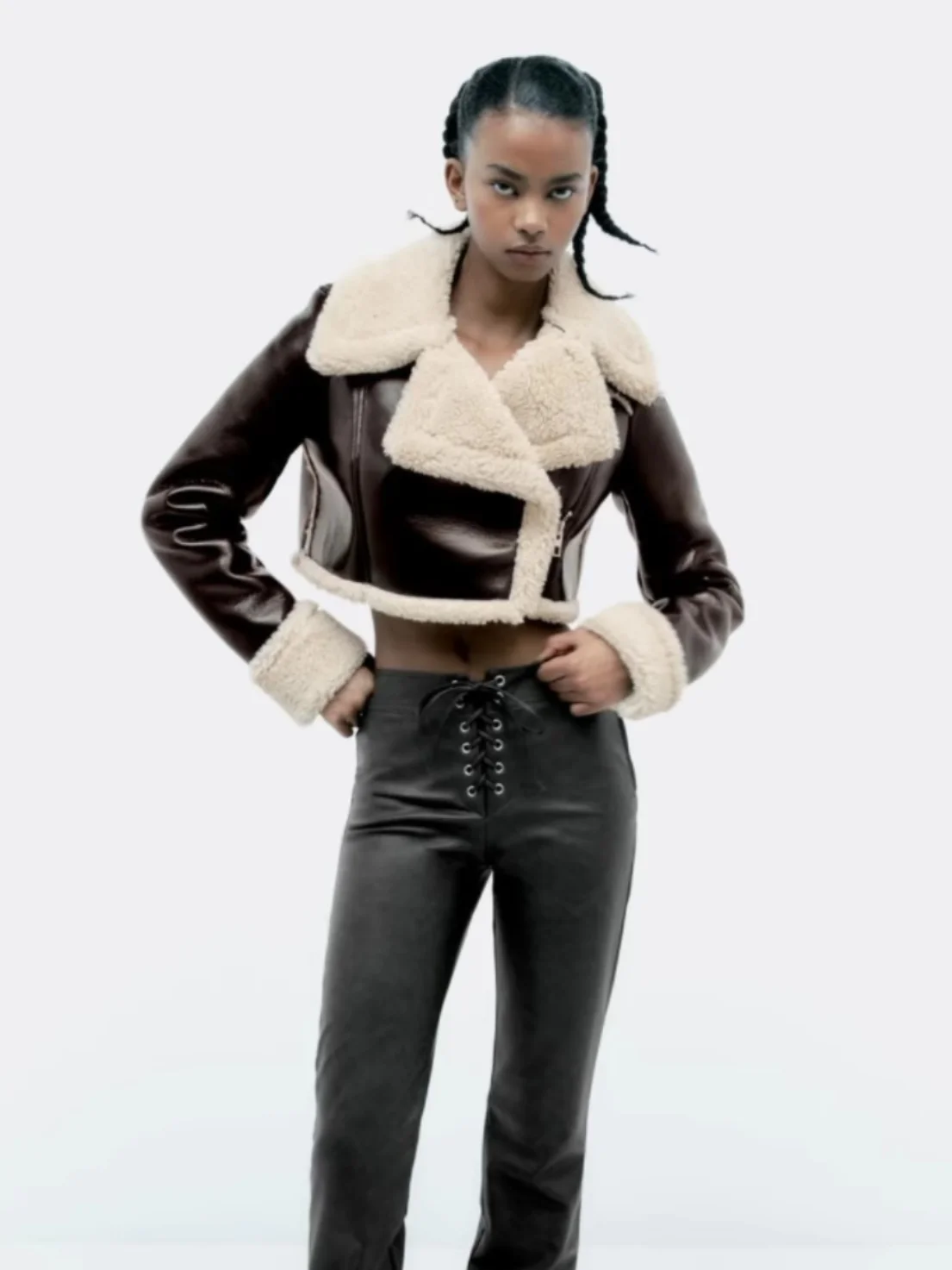 Jaqueta Curta Fena Dupla Face Super ssa de Lã com Efeito Couro Inteado, Estilo Casual de Negócios Quente com Fechame...