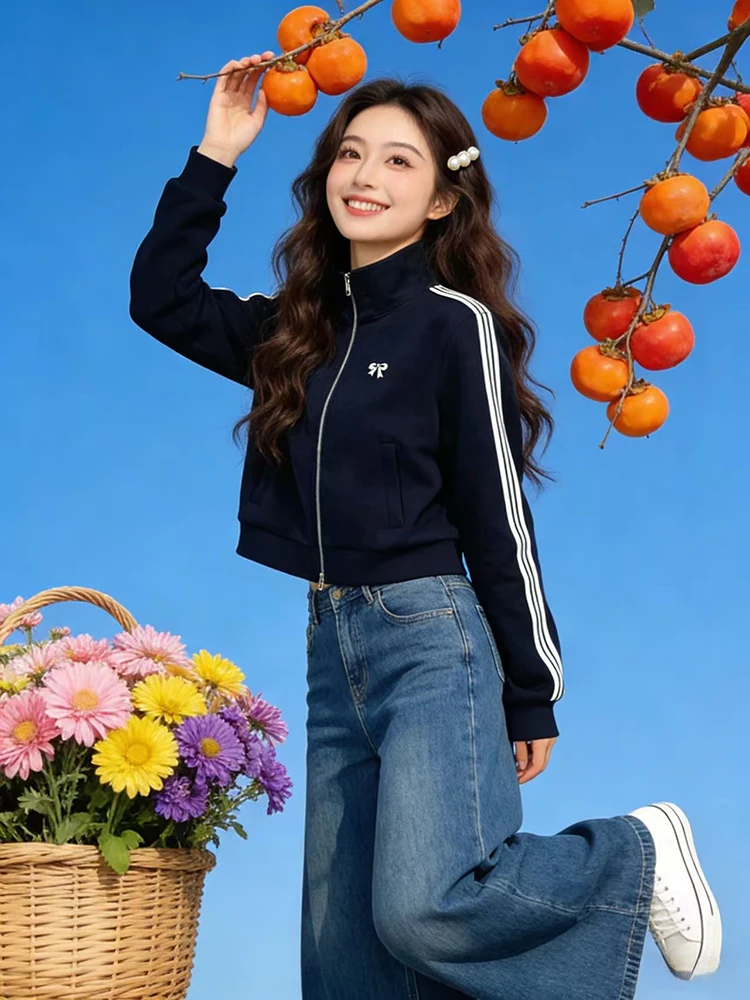 

Американский стиль: Новая женская толстовка-кардиган на молнии с вышивкой узелками, модная куртка с воротником-стойкой, весна 2026