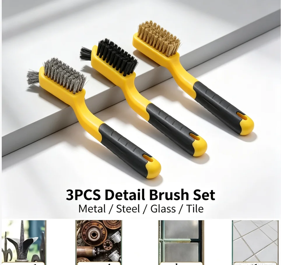 3pcs 7Inch Wire Brush Set Mini Brass Brush Nylon Cleaning Brush for Kitchen Dirt Metal Rust Removal Narrow Dead Corners Cleaning