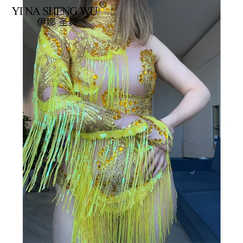 Body sexy da donna con strass blu scintillanti, costume da ballo con una spalla, abbigliamento da palcoscenico, cantante, ballerino, spettacolo con frange
