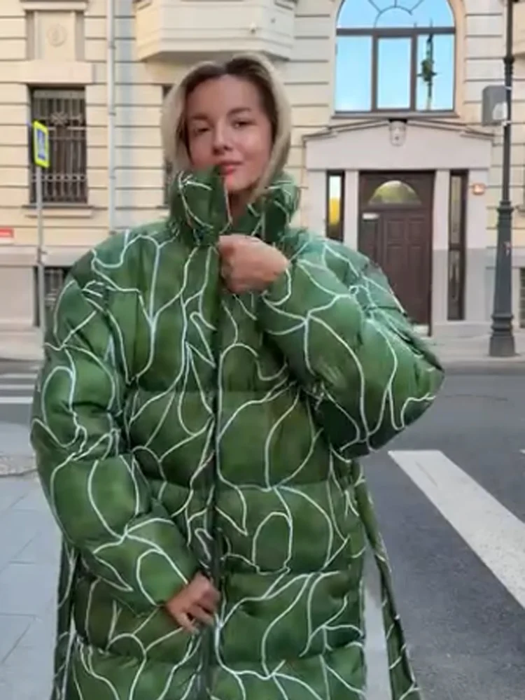 Women Printed Belted Padded Jackets Full Hood Mid Length Abstract Line Pattern Thick Warm Loose Fit Winter Chic Daily Outerwear