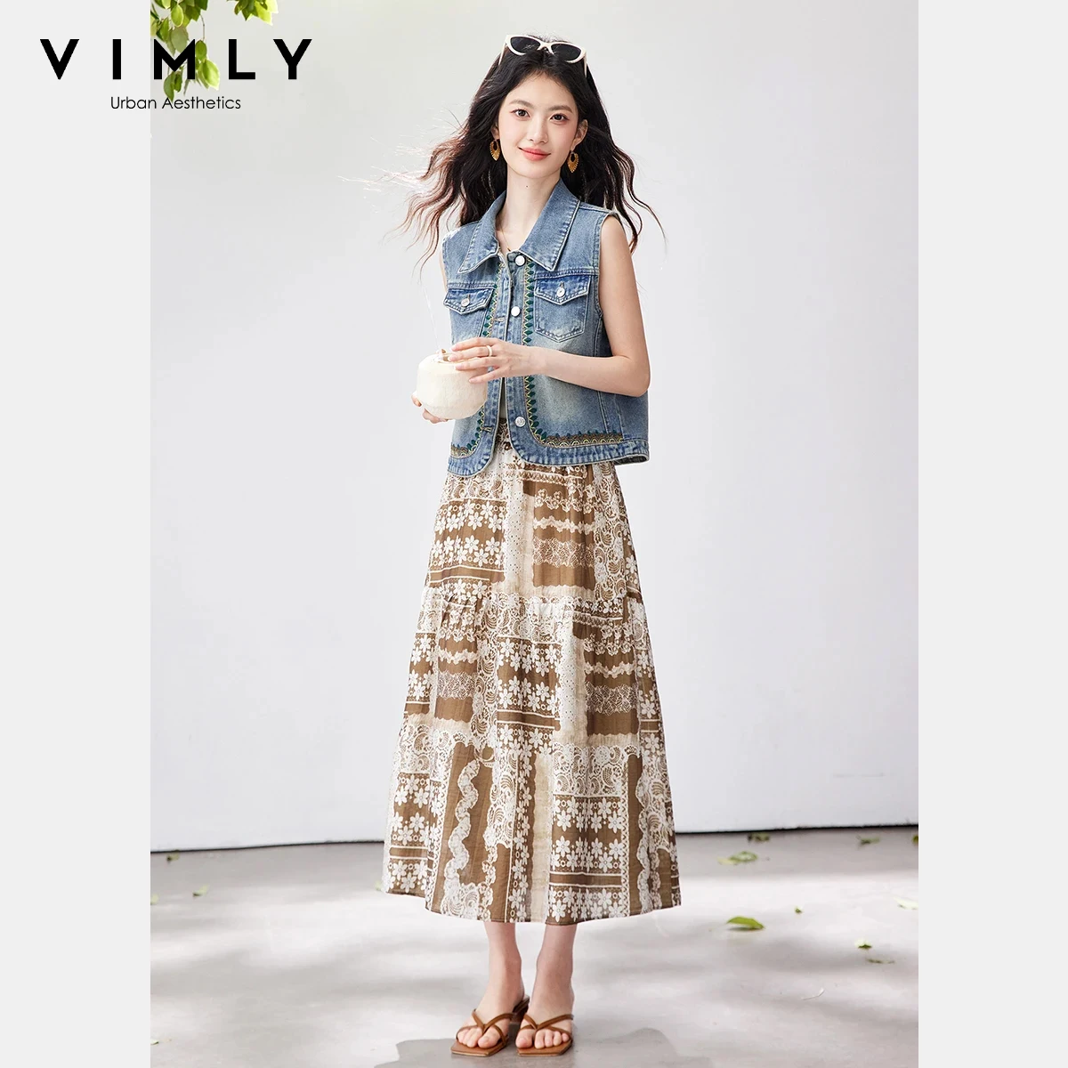 

VIMLY Casual Two-Piece Skirt Set for Women 2026 Spring New Sleeveless Denim Vest Ethnic Print Midi Skirt Office Outfit A3958