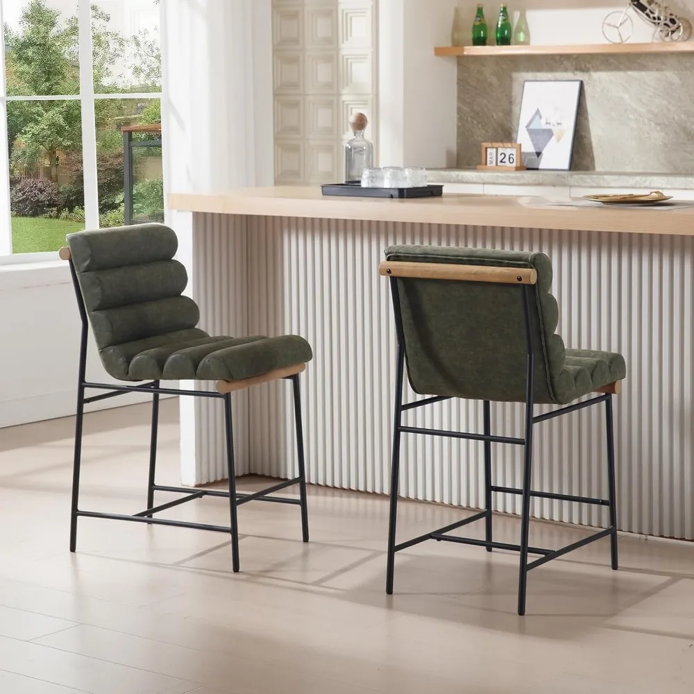 

25" Modern Upholstered Counter Stools Set of 2, PU Armless Counter Height Chairs Black Metal Legs Stool with Deep Channel Tufte